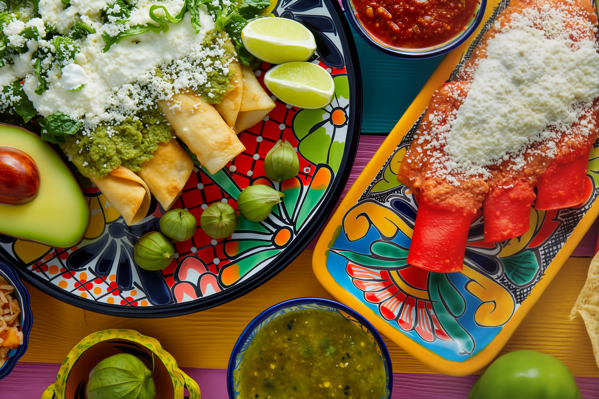 green and red enchiladas with mexican sauces mix in colorful table
